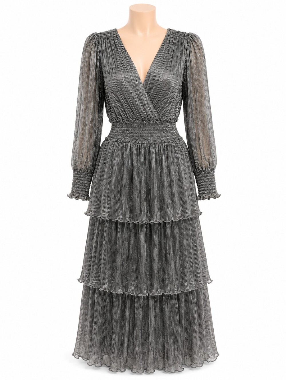 Alexa B Nites NWT Silver Mesh Tiered Long Sleeve Maxi Dress Sz 20W Party Wedding